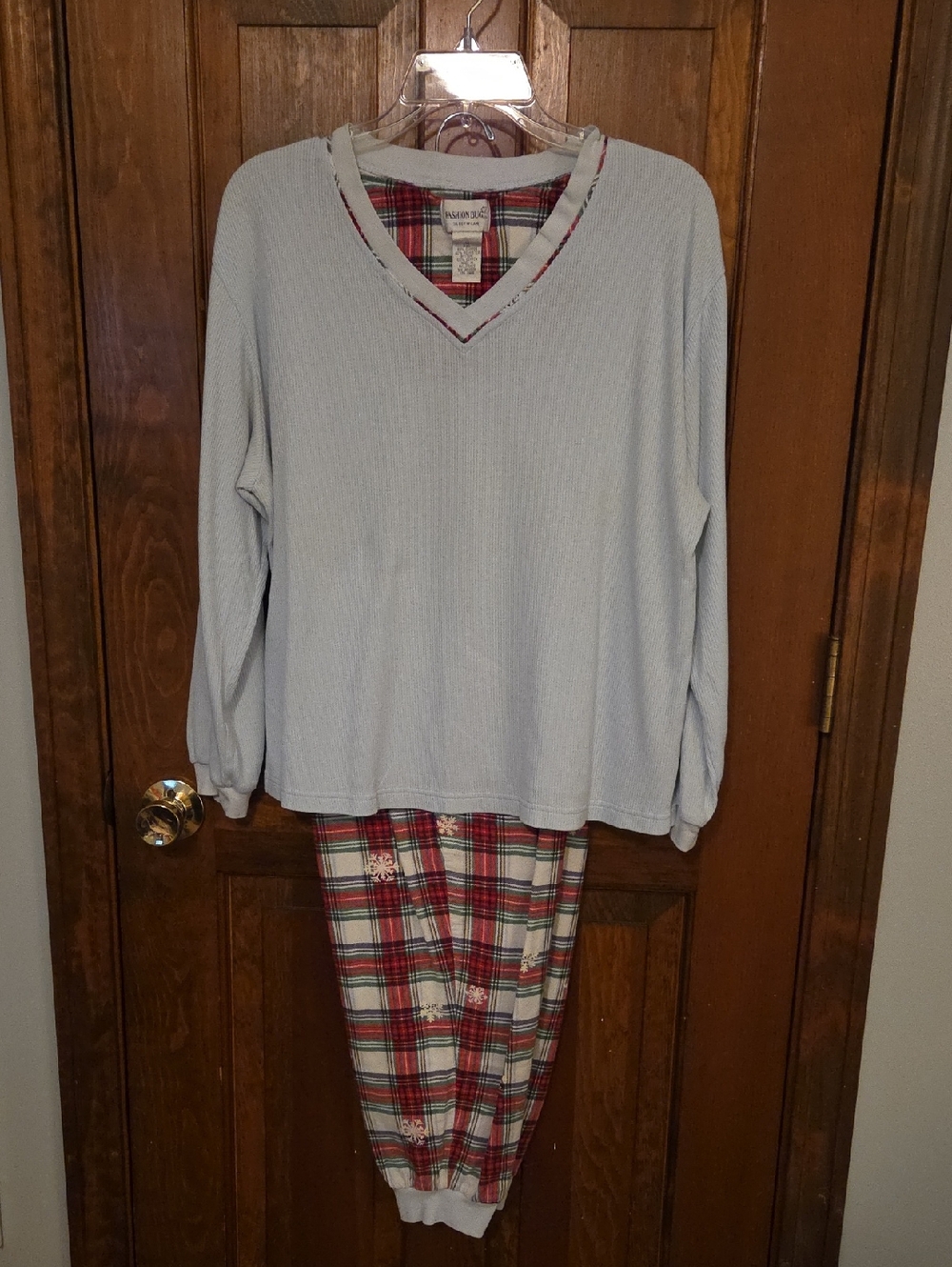 Fashion Bug Light Blue Waffle V-Neck Top & Red Plaid Jogger Pajama Set
